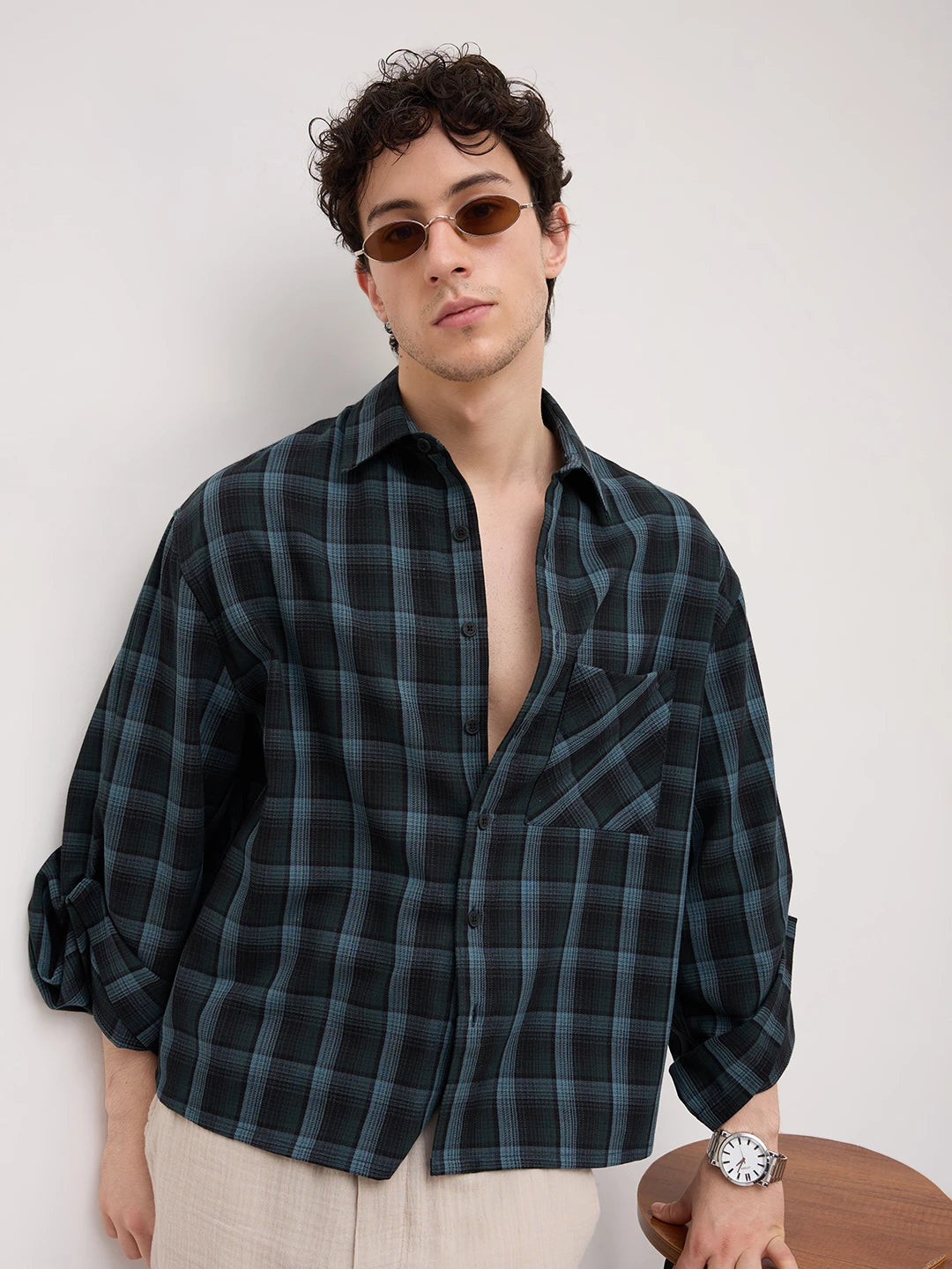 Turkish Blue Plaid Checks Cuffless Oversized Crop Shirt