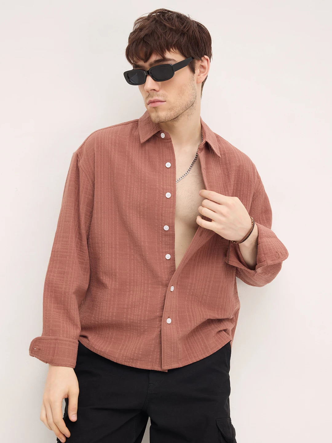 Rust Chestnut Brown Double Cloth Boxy Fit Crop Shirt