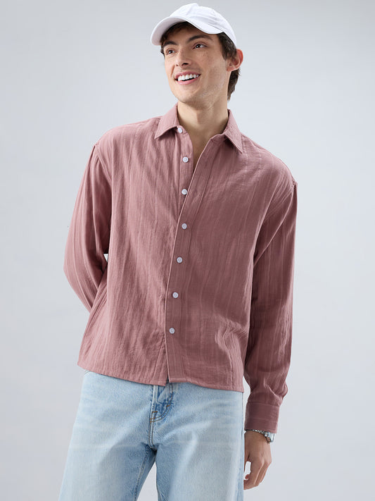 Dusty Peach Double Cloth Seersucker Striped Boxy Fit Crop Shirt