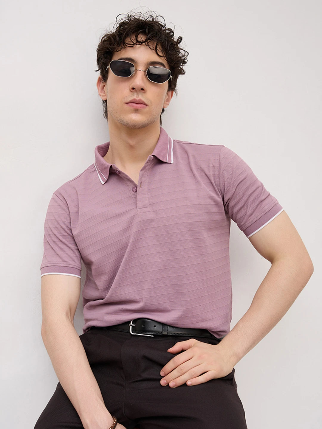Dusty Lavender Textured Horizontal Stripe Polo Knit T-Shirt