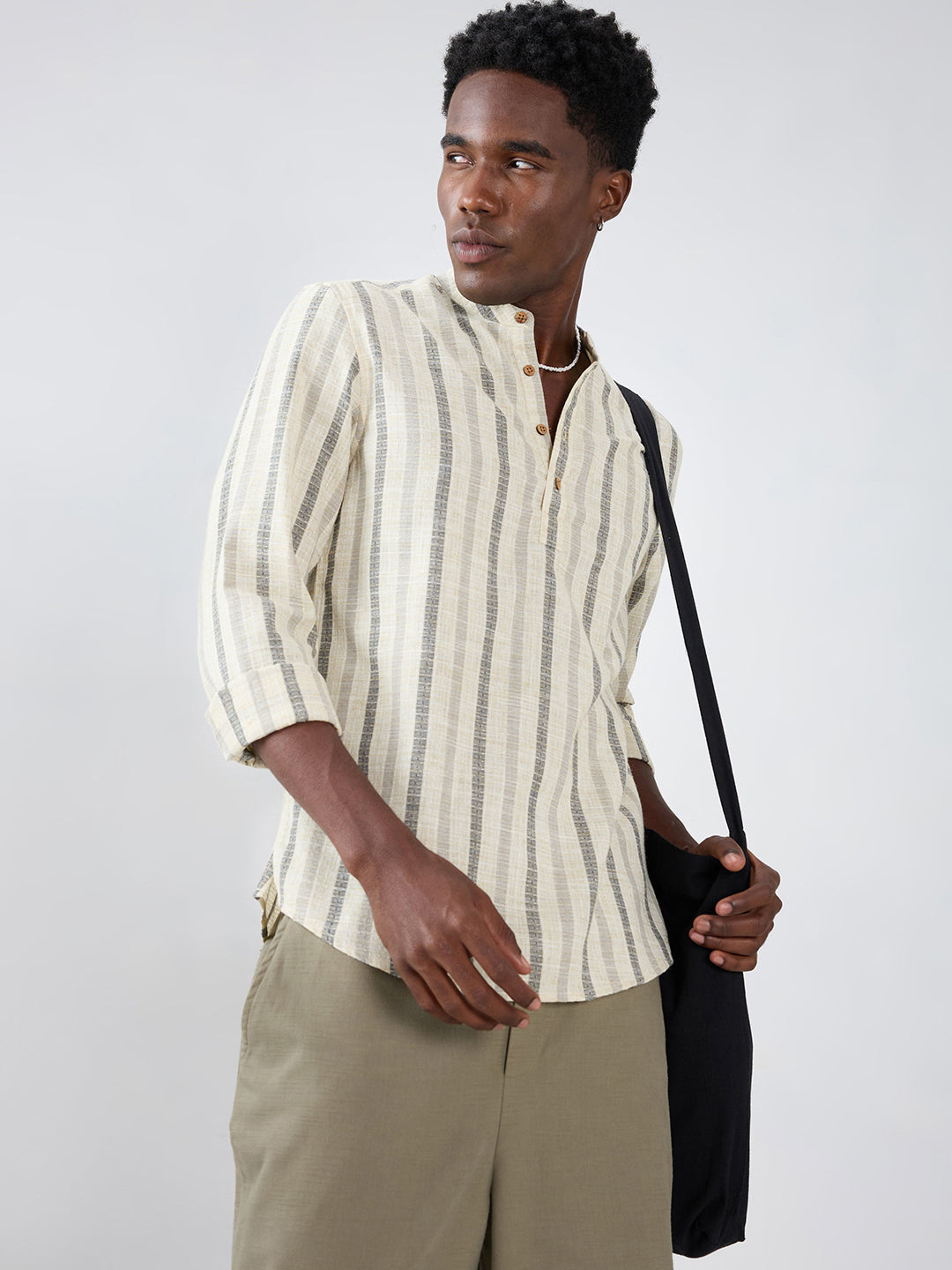 Natural Ivory Grey Loom Striped Kurta