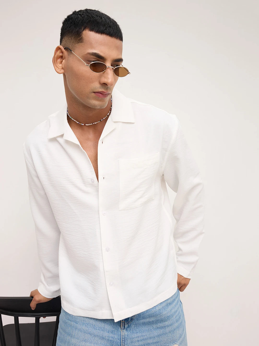 Pearl White Crinkled Notch Collar Oversized Shirt