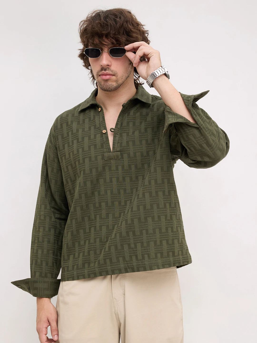 Contemporary Olive Architectural Weave Loop Button Oversized Shirt