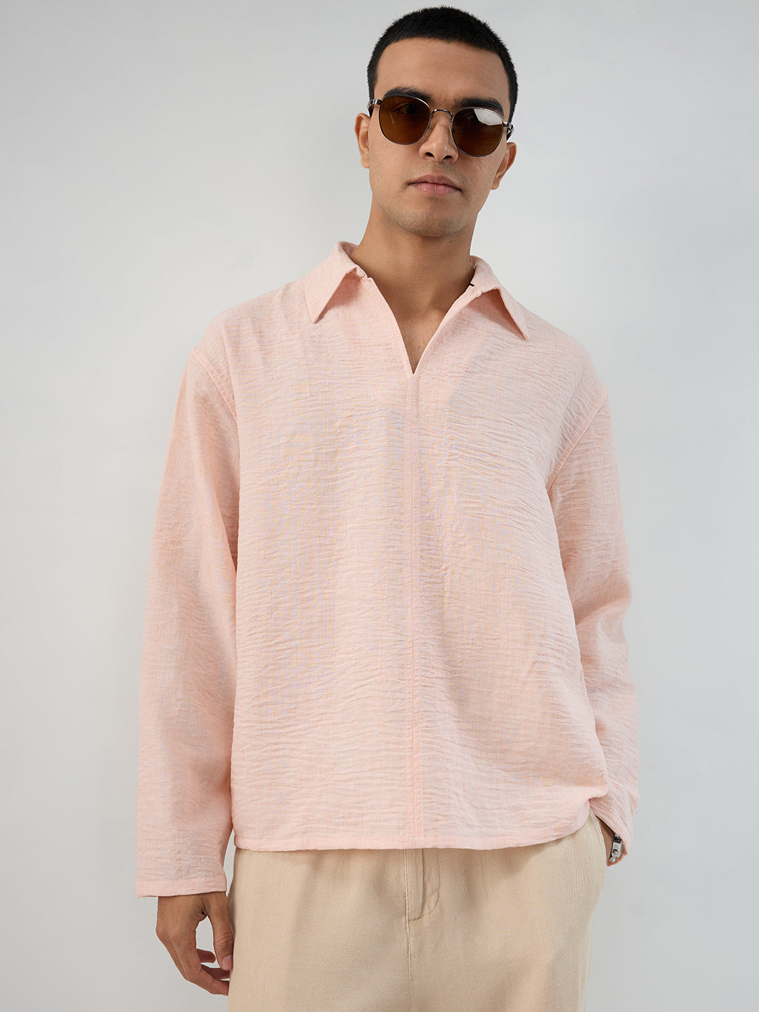 Classic Peach Center Seam Crinkled Oversized Polo Shirt