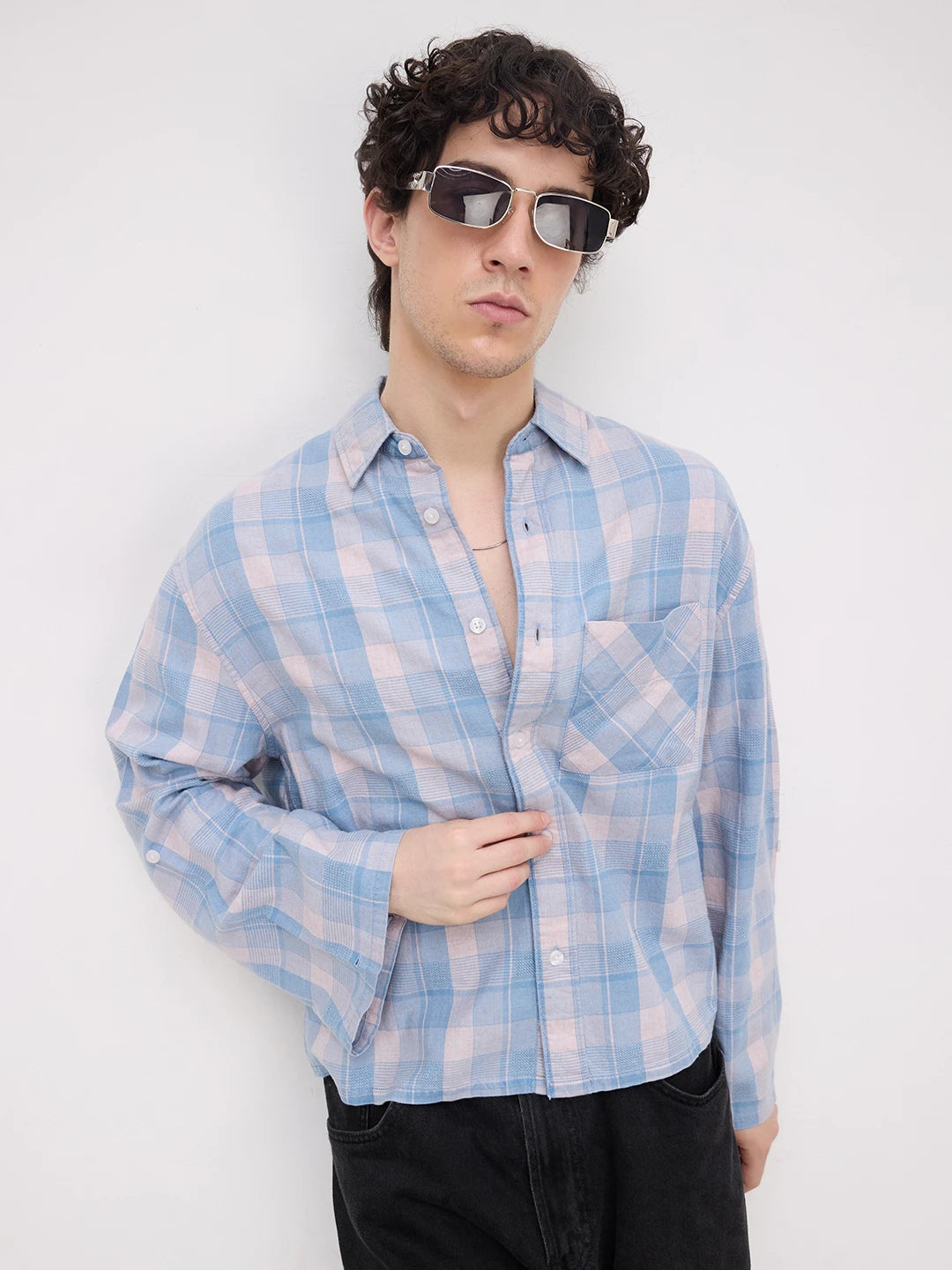 Luxe Denim Square Checks Cuffless Oversized Crop Shirt