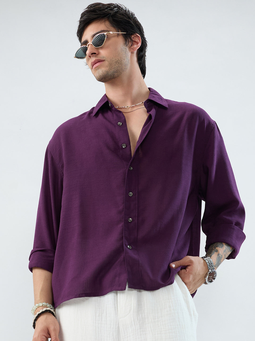 Majestic Purple Soft Sheer Boxy Fit Crop Shirt