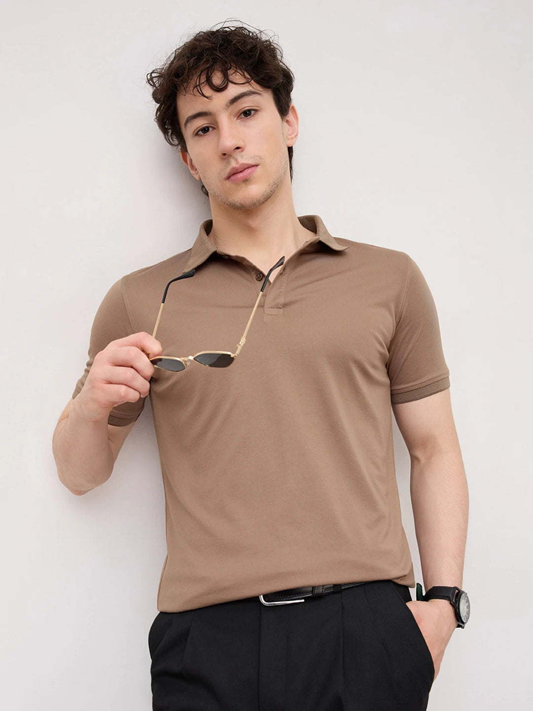Deep Taupe Honecomb Polo Knit T-Shirt