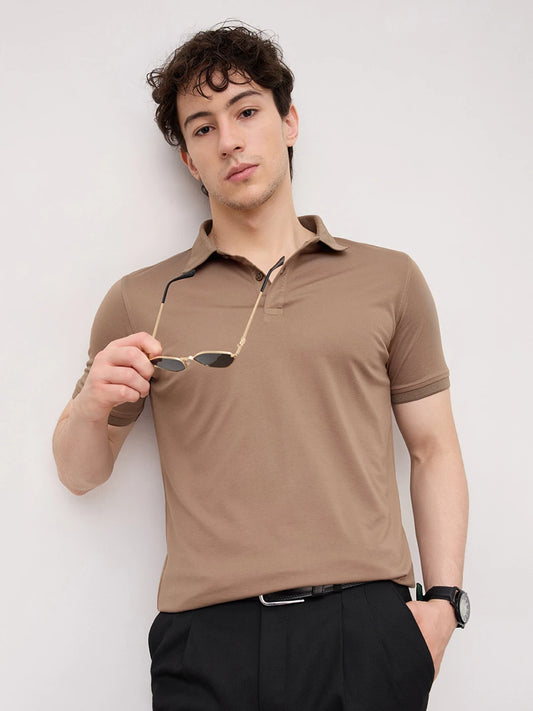 Deep Taupe Honecomb Polo Knit T-Shirt