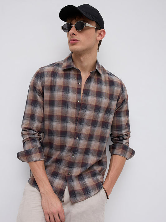 Elegant Smoked Brown Block Checks Everyday Shirt
