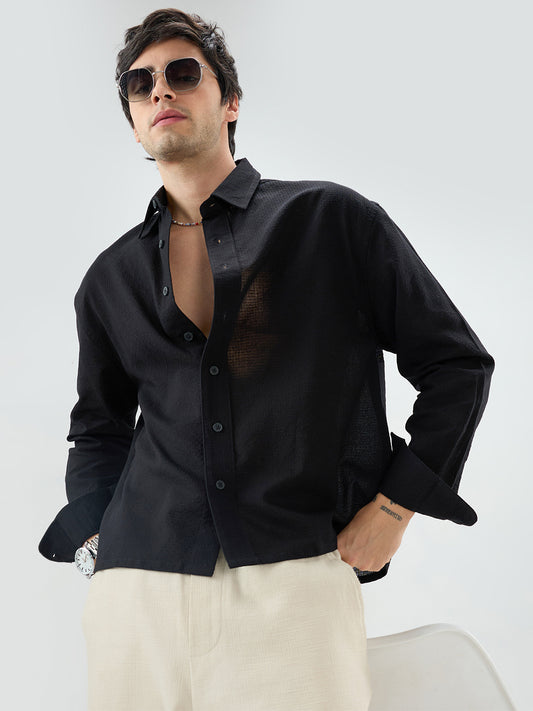 Jet Black Sheer Weave Boxy Fit Crop Shirt