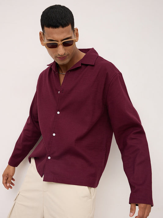 Maroon Fine Sheer Slub Textured Oversized Resort Collar Shirt