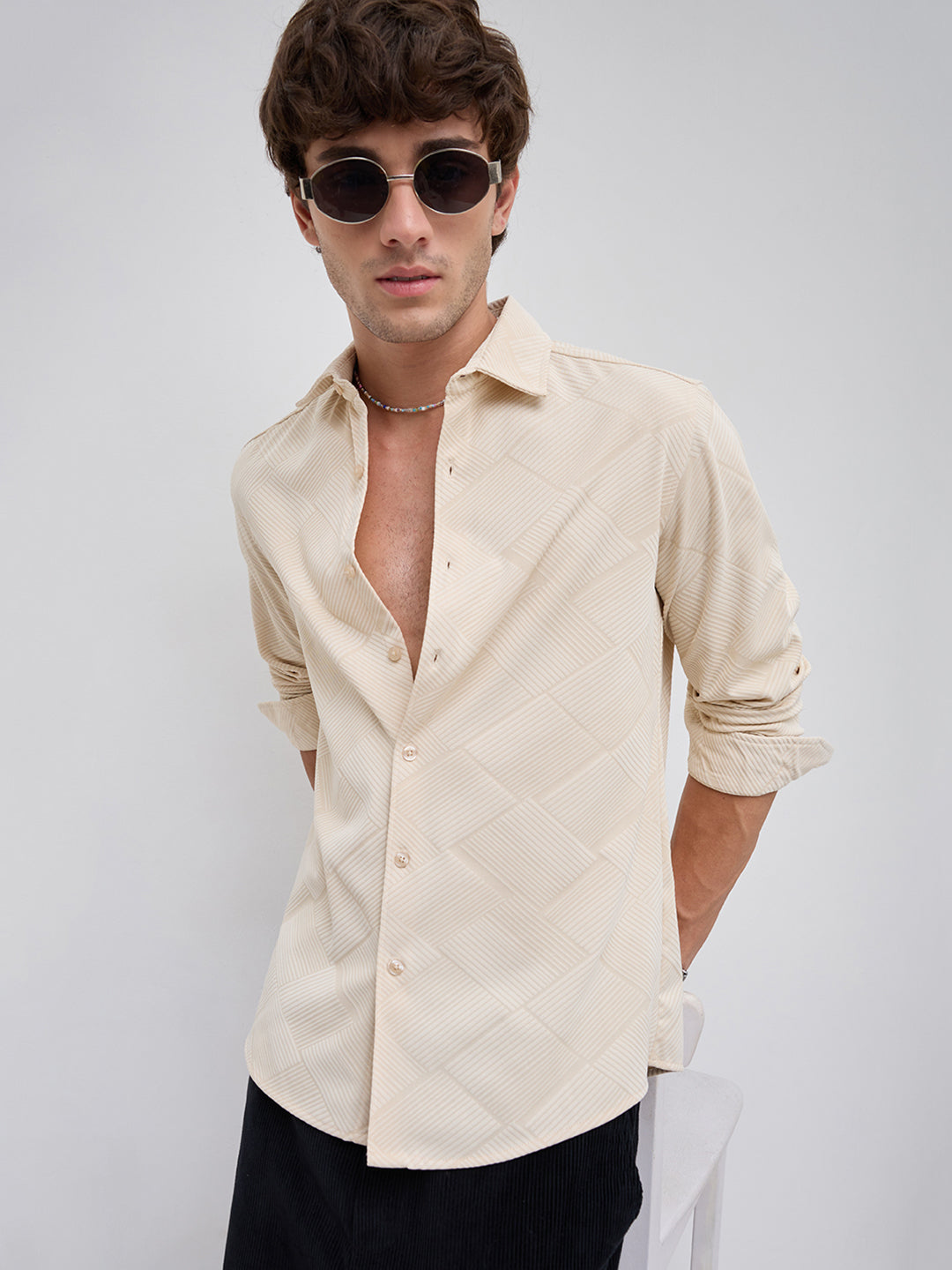 Intricate Beige Block Weave Knitted Shirt