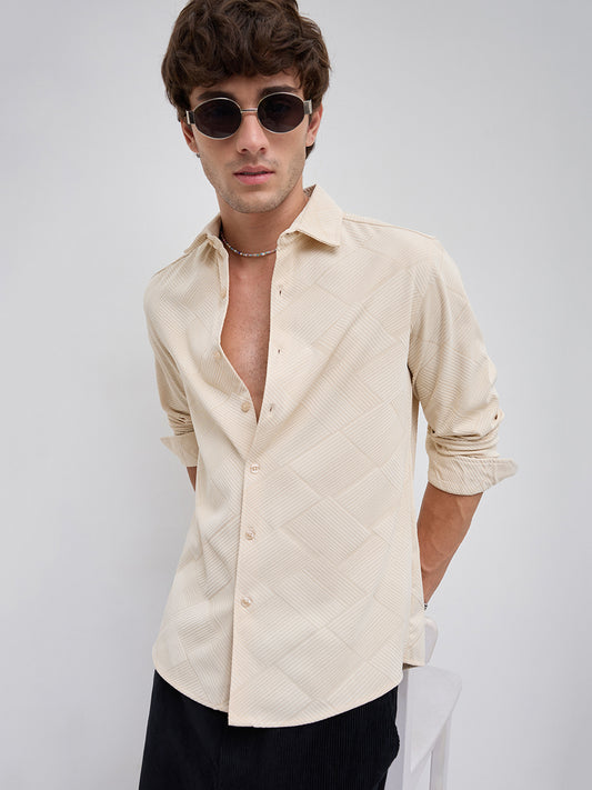 Intricate Beige Block Weave Knitted Shirt