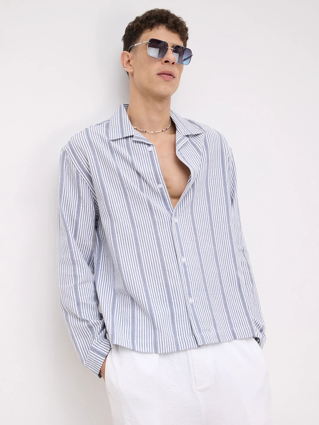 Luxe Blue Candy Striped Notch Collar Oversized Shirt