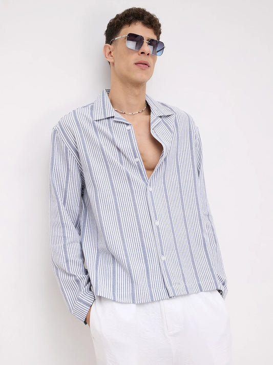 Luxe Blue Candy Striped Notch Collar Oversized Shirt