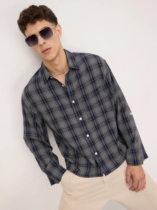 Sovereign Midnight Navy Contrast Checks Cuffless Oversized Crop Shirt