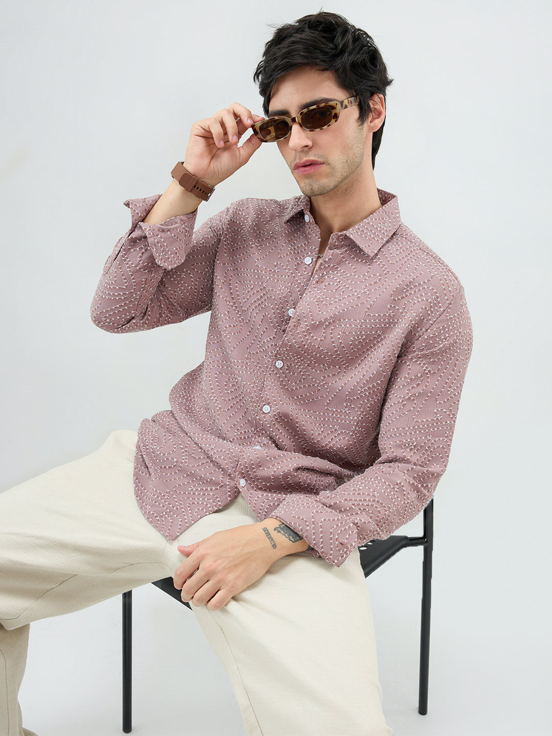 Ornate Brown Thread Flow Raised Stitch Shirt