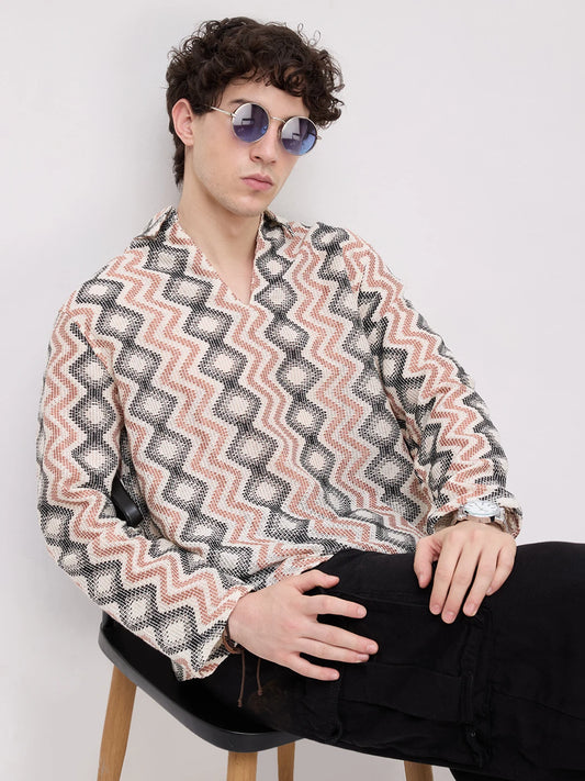 Retro Drift Chevron Striped Crochet Polo Oversized Shirt