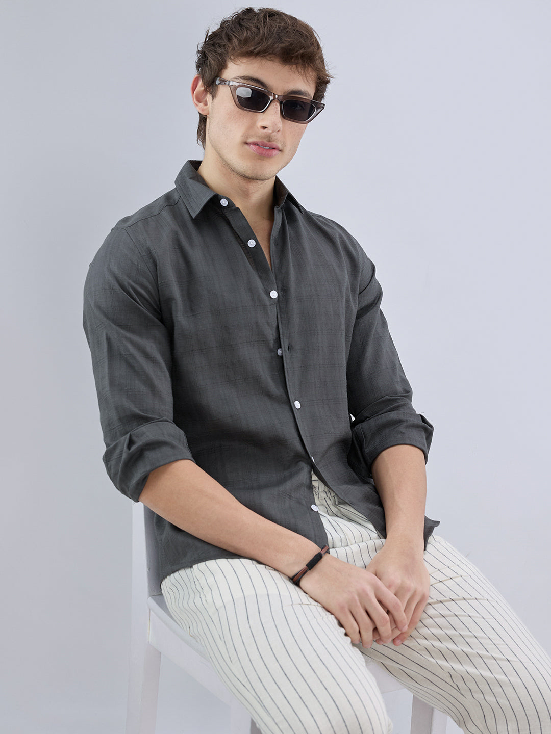 Charcoal Grey Micro Frid Textured Shirt
