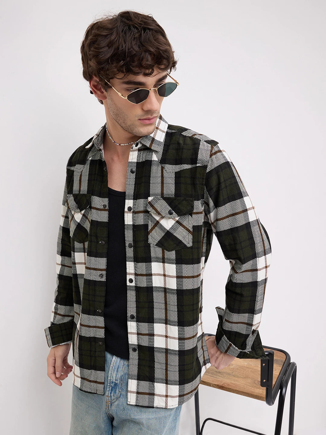 Olive & White Herringbone Weave Checked Flannel Corduroy Shirt