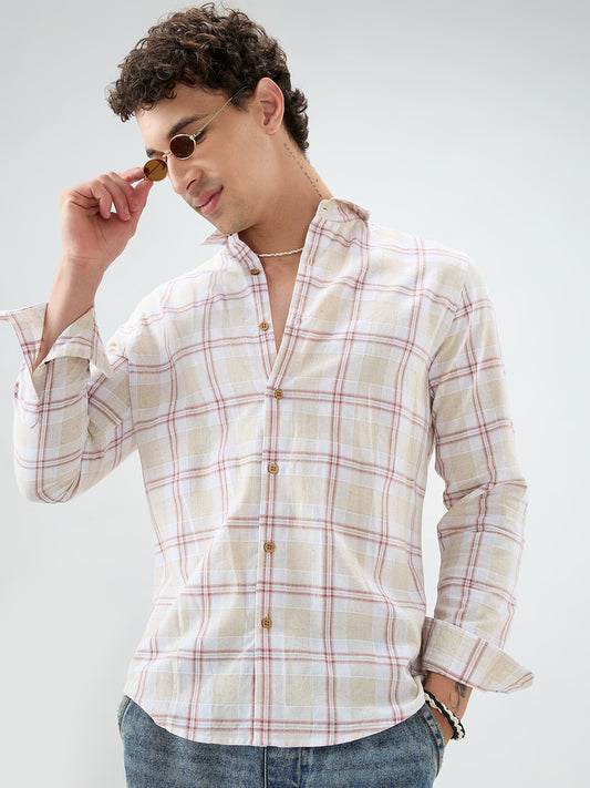 Sand Beige Windowpane Checks Linen Blend Shirt