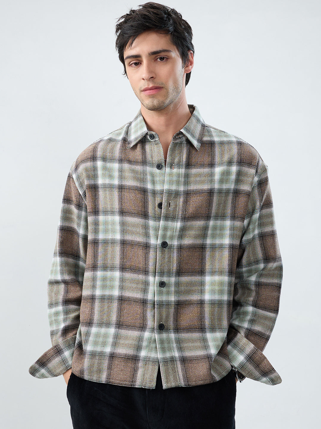 Brown & Olive Retro Contrast Checks Boxy Fit Crop Shirt