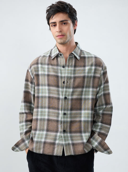 Brown & Olive Retro Contrast Checks Boxy Fit Crop Shirt
