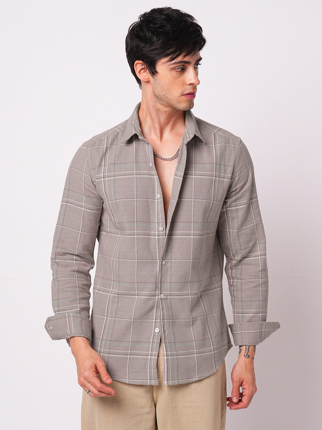 Elegant Taupe Brown Windowpane Checks Shirt
