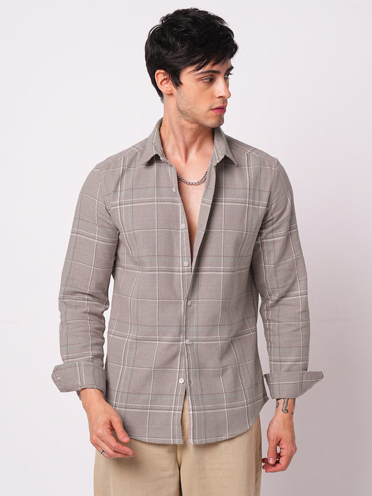 Elegant Taupe Brown Windowpane Checks Shirt