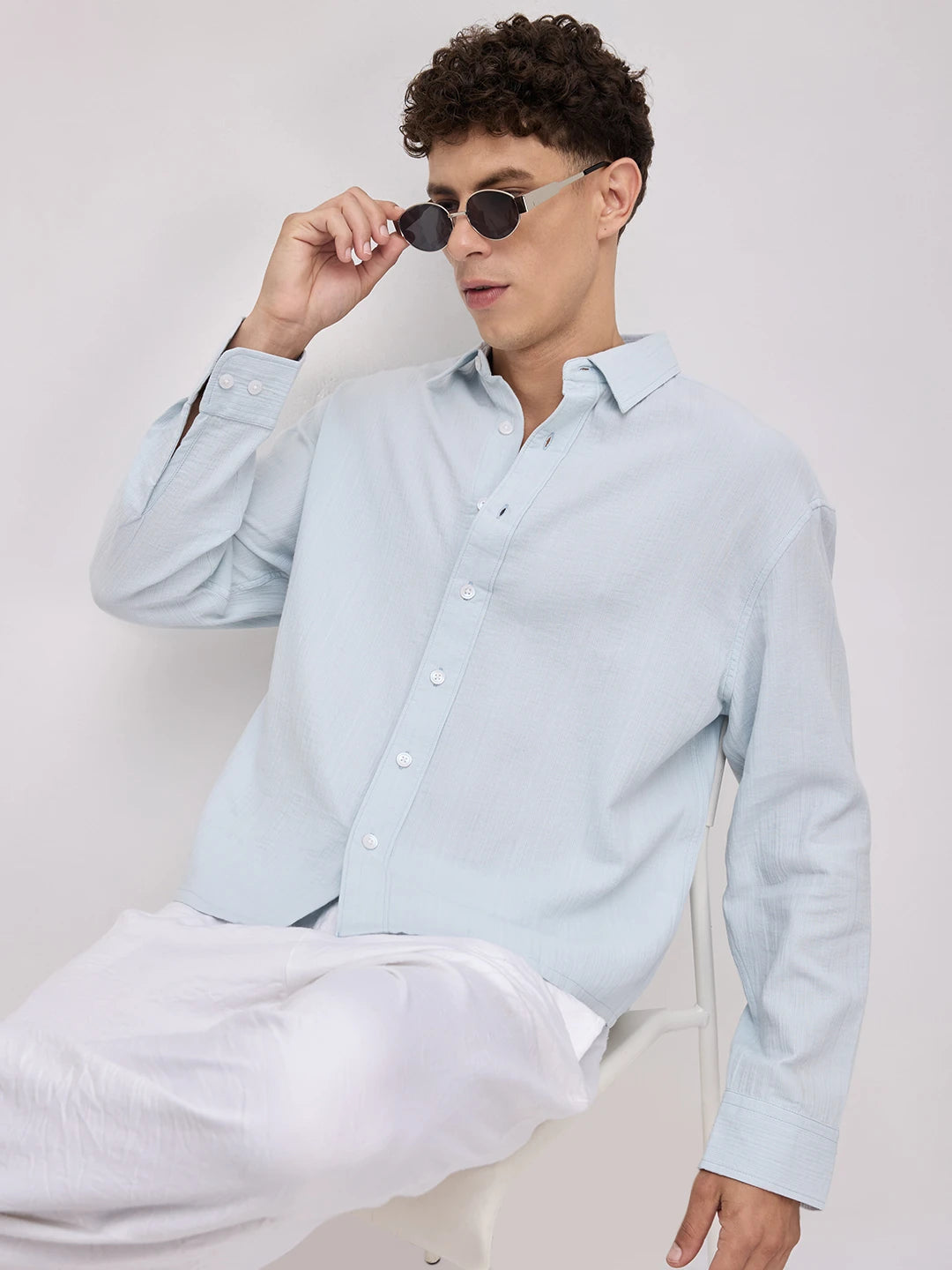 Plush Baby Blue Double Cloth Seersucker Striped Boxy Fit Crop Shirt
