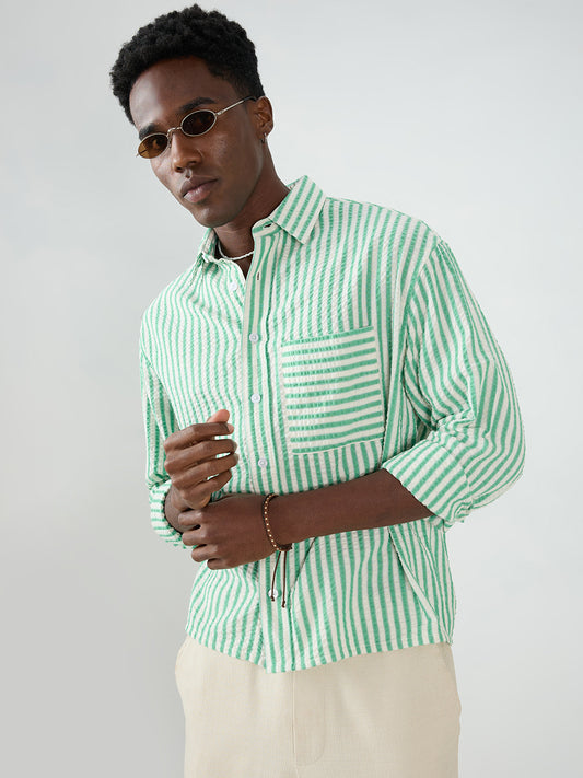 Spring Green Seersucker Candy Striped Boxy Fit Crop Shirt
