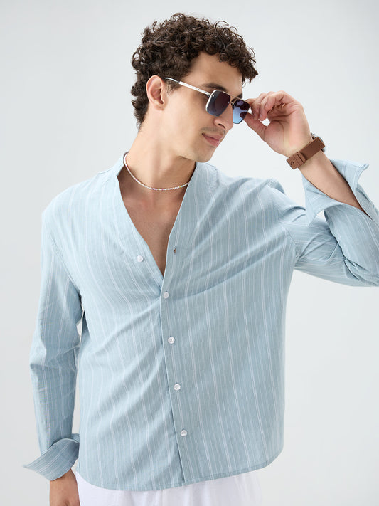 Arctic Blue Striped Linen Blend Stand Collar Oversized Shirt