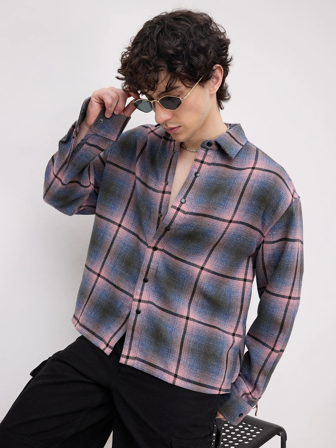 Pink & Blue Flannel Plaid Checks Boxy Fit Crop Shirt