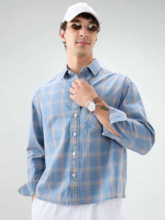 Denim Blue & Yellow Multi Line Checks Boxy Fit Crop Shirt