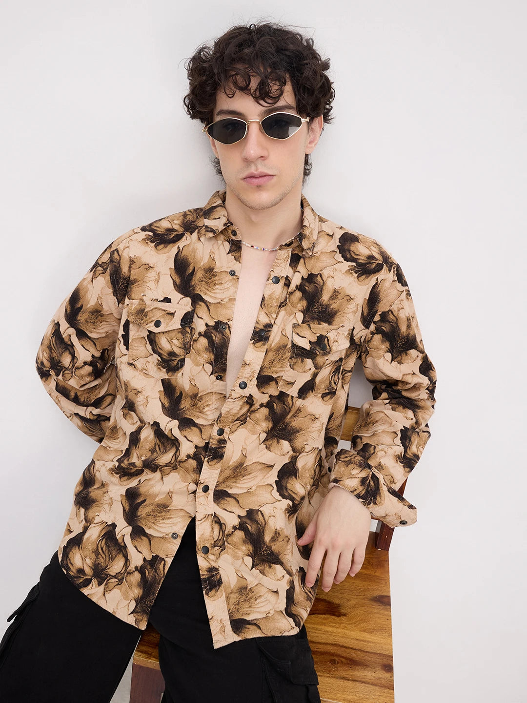 Rustic Beige Botanical Printed Double Pocket Corduroy Shirt