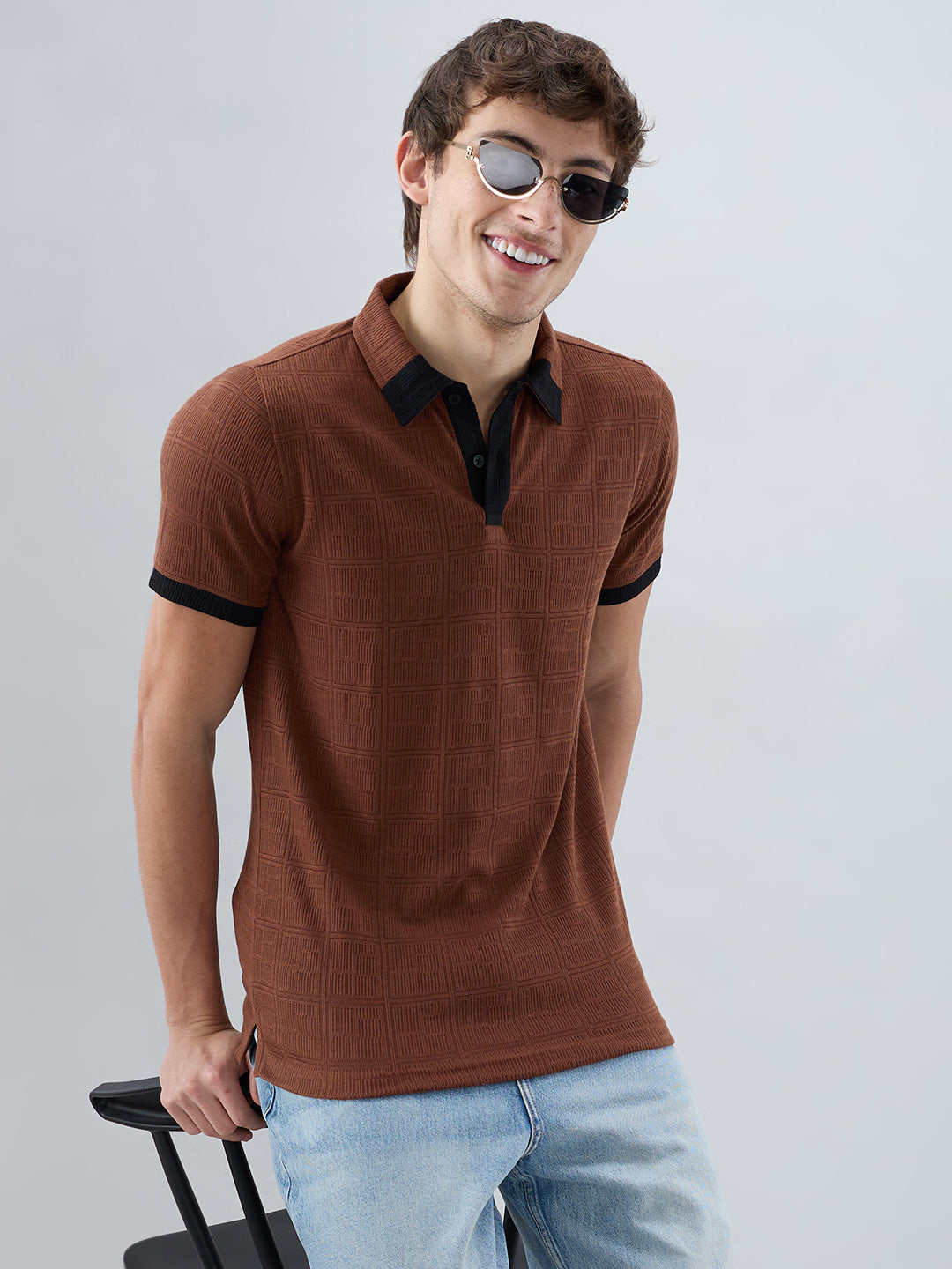 Brown Contrast Polo Neck Knit T-shirt