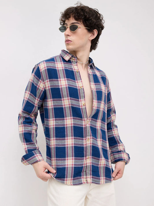 Denim Blue & Red Tartan Checked Shirt