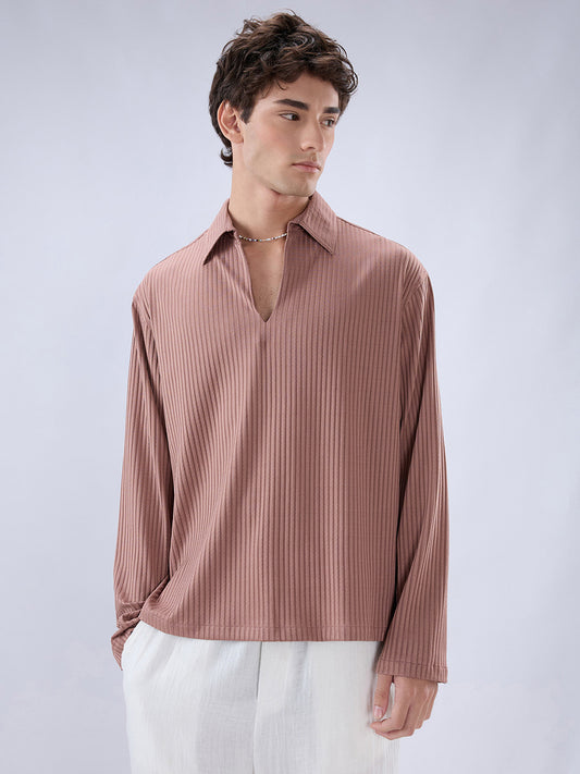 Warm Peach Dual Weave Striped Oversized Polo Knit Shirt