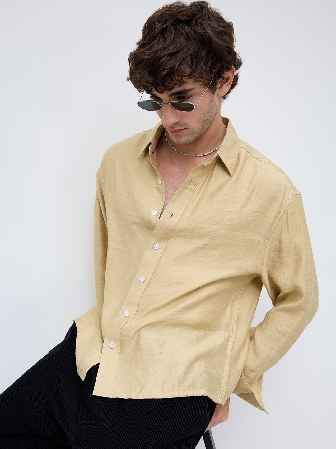 Dessert Gold Textured Boxy Fit Crop Shirt