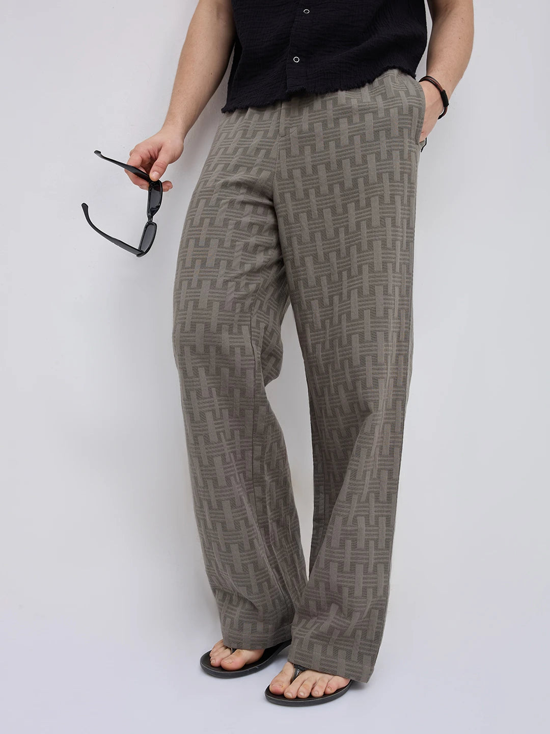 Elevated Grey  Architectural Weave Wide Leg Trousers
