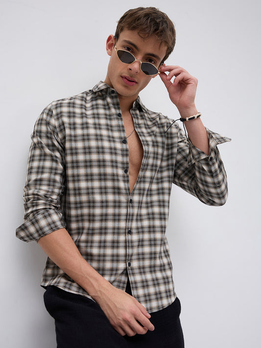 Beige & Black Interlock Plaid Checks Textured Shirt
