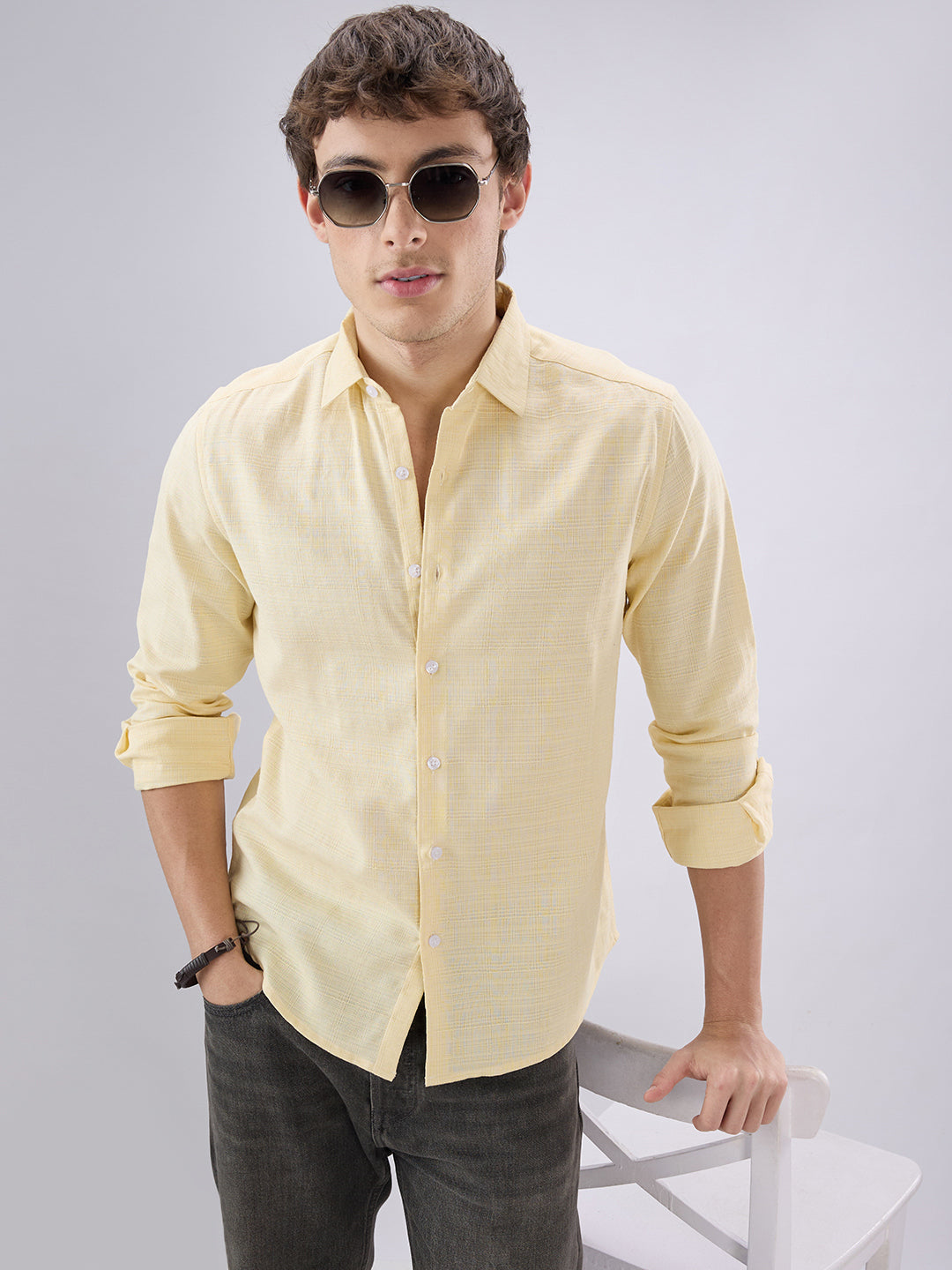 Soft Yellow Grid Textured Everyday Shirt