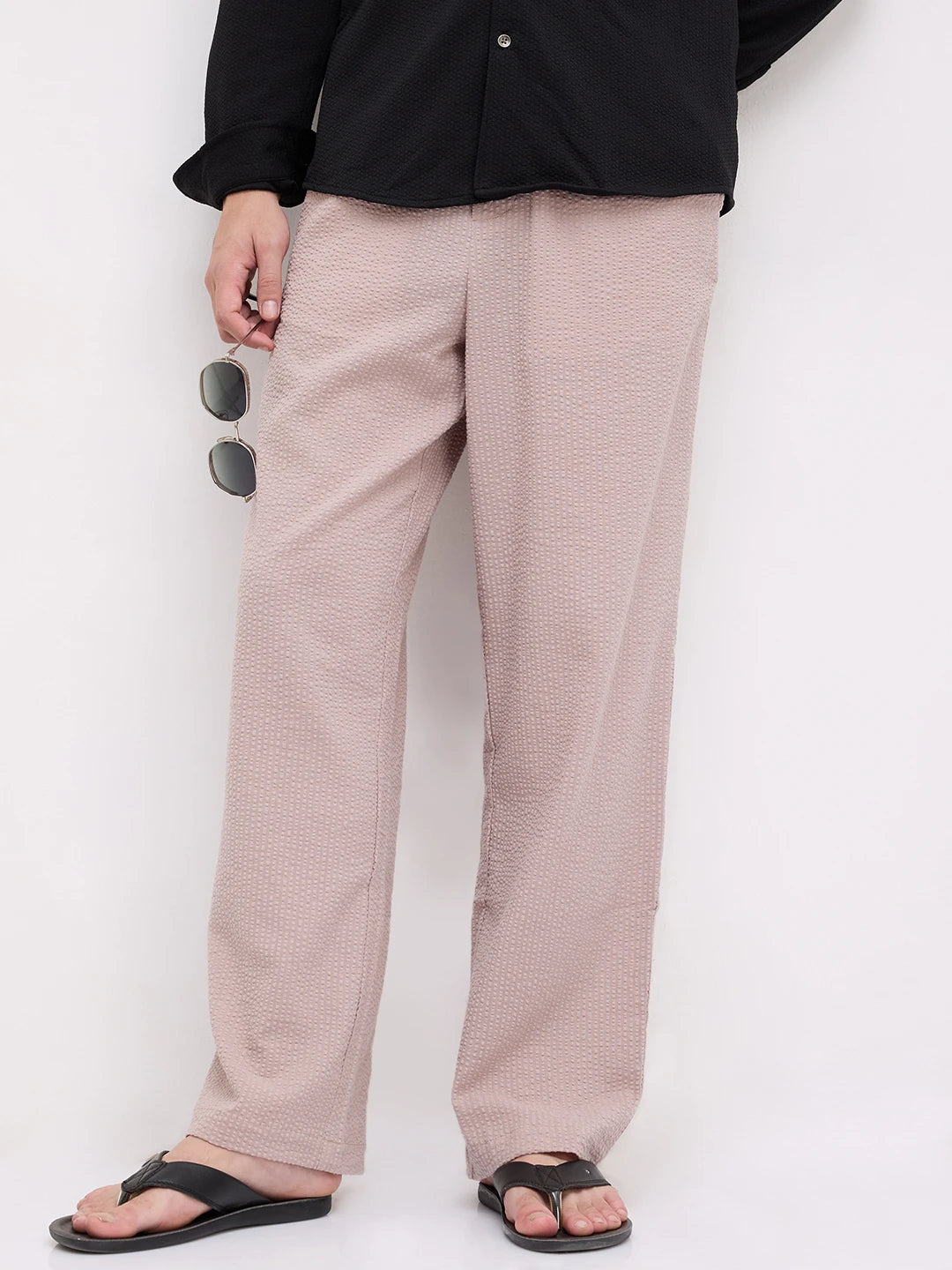 French Beige Seersucker Straight Fit Trousers
