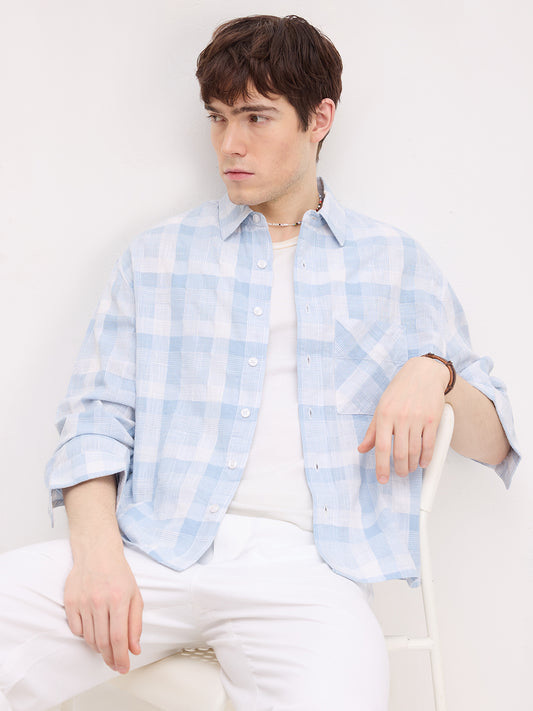 Arctic Blue Square Embossed Boxy Fit Crop Shirt