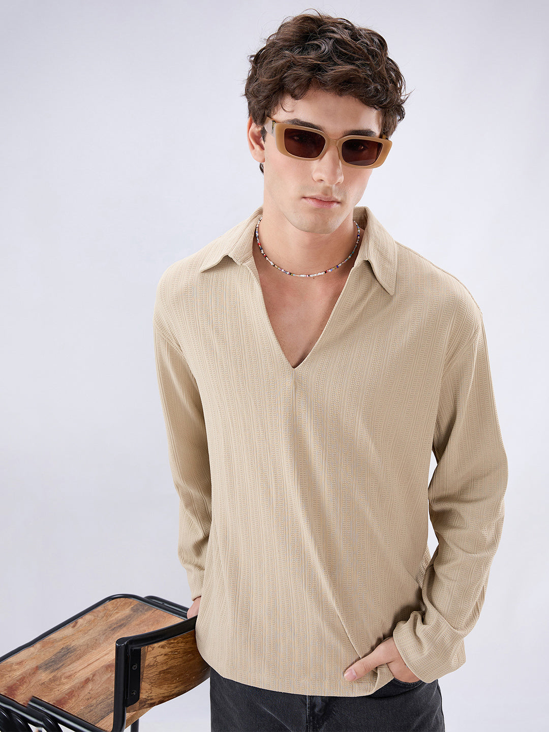 Sand Dune Ribbed Textured Polo Oversized Knitted Shirt