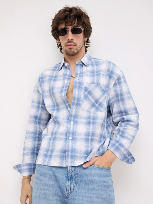 Blue Shadow Checks Handloom Effect Boxy Fit Crop Shirt