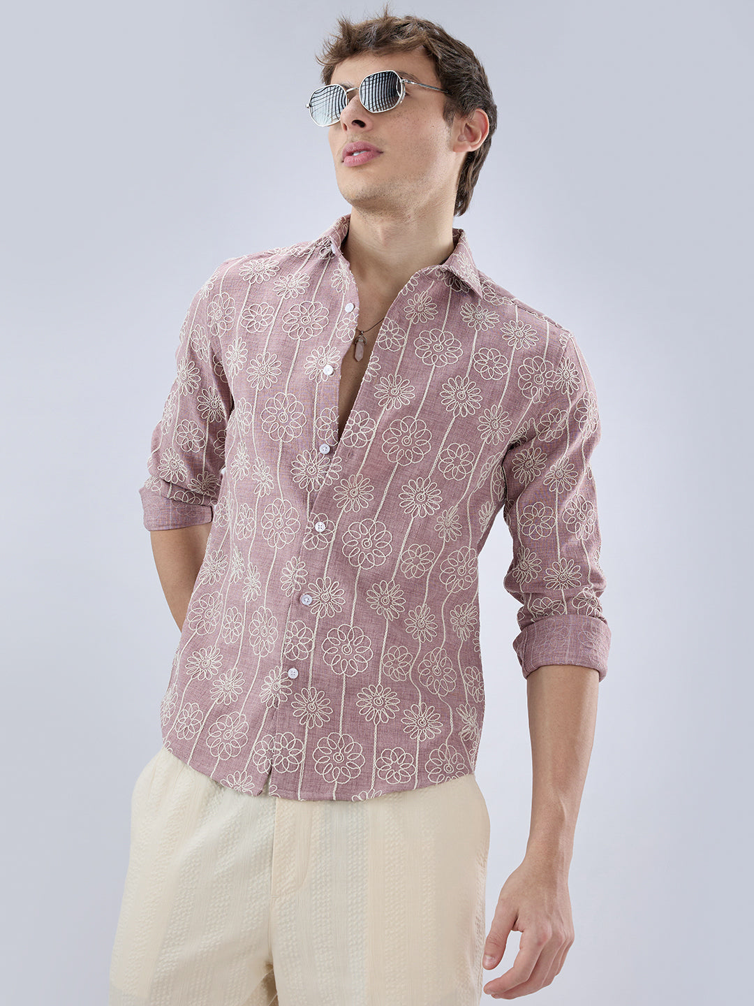 Rouge Pink Floral Embroidered Slub Shirt