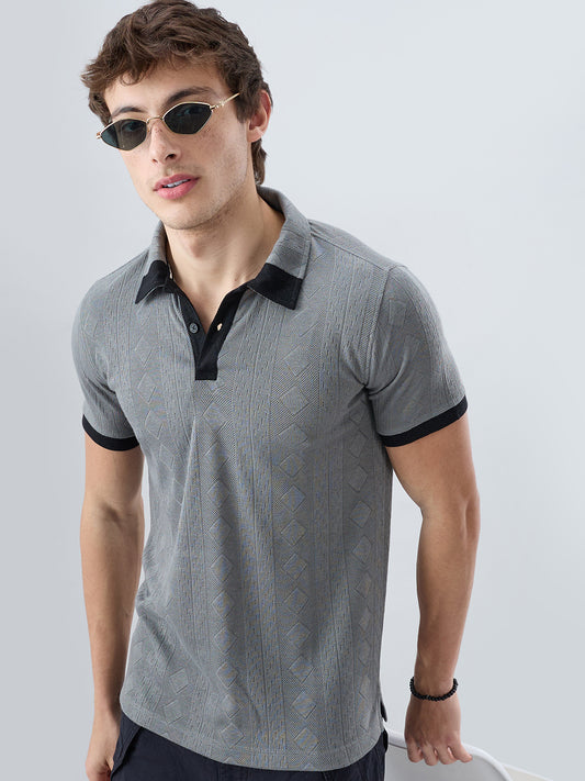 Zinc Grey Contrast Polo Neck Diamond Weave Knit T-shirt