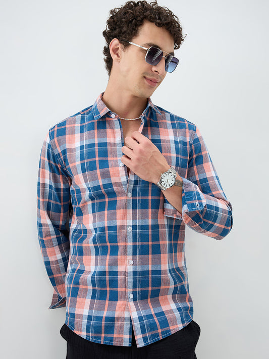 Denim Blue & Pink Multi Line Block Checks Shirt