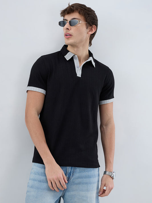 Rich Black Contrast Polo Neck Knit T-shirt